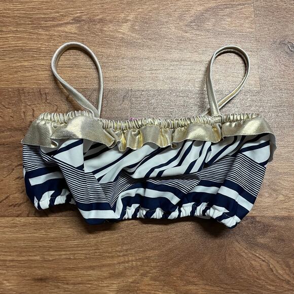 Tommy Bahama Girls Blue White Metallic Gold Striped Ruffled Bikini Top Size 7 - Picture 1 of 6